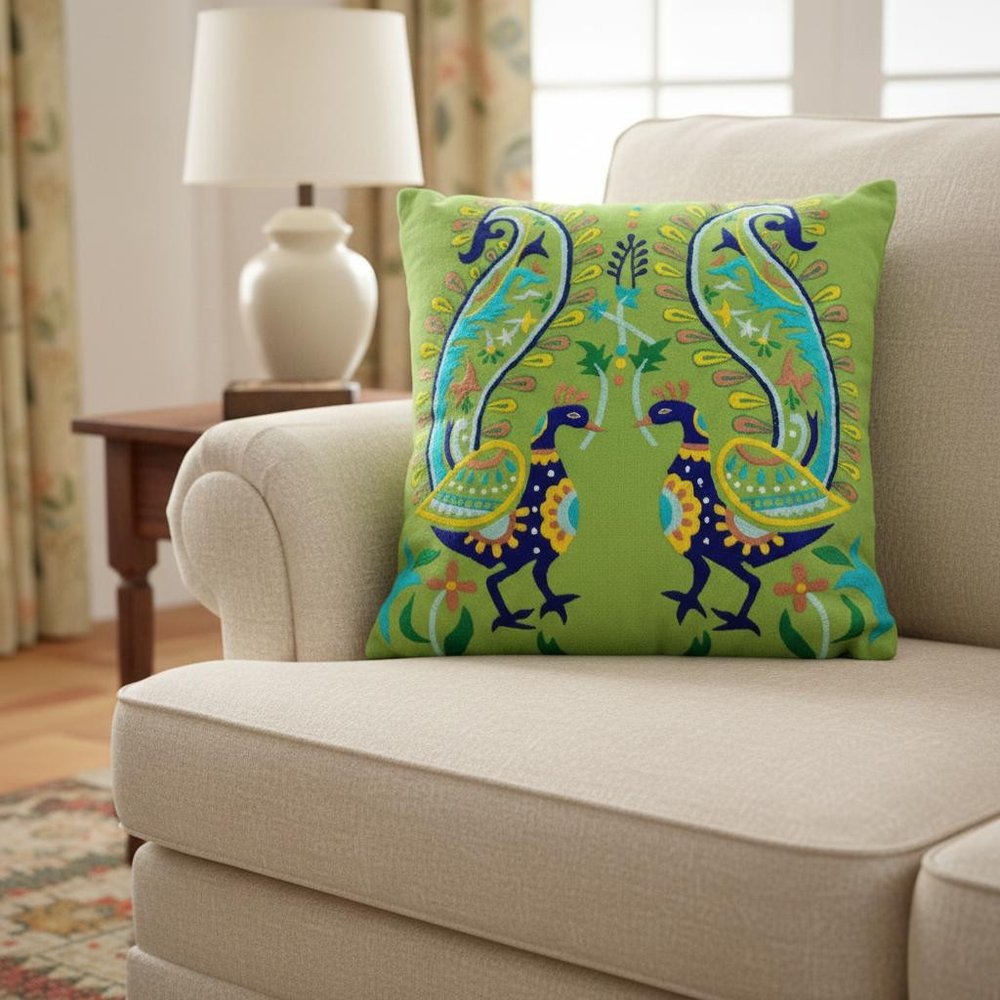 Set of Two 18" Blue And Green Peacock Cotton Throw Pillows with Embroidery — view 7