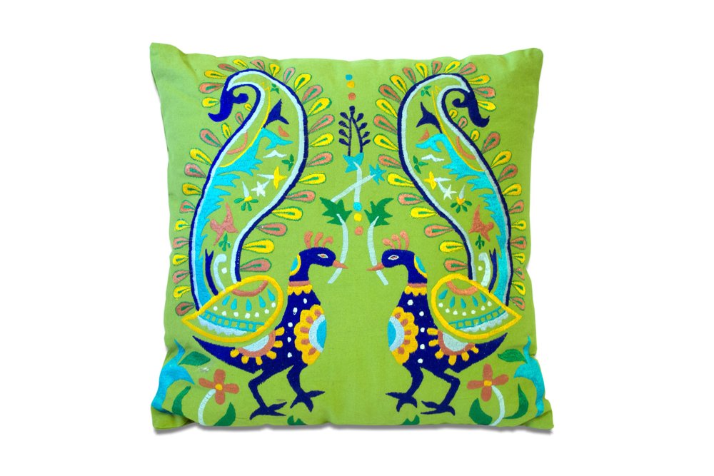 Set of Two 18" Blue And Green Peacock Cotton Throw Pillows with Embroidery — view 8