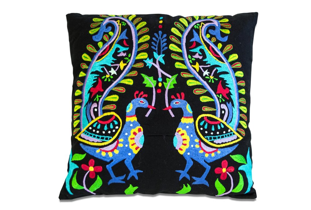 Set of Two 18" Black And Blue Peacock Cotton Throw Pillows with Embroidery — view 1