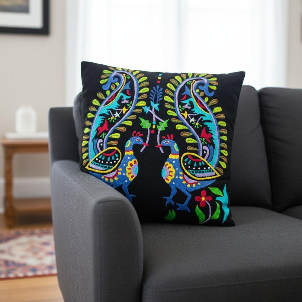 Set of Two 18" Black And Blue Peacock Cotton Throw Pillows with Embroidery — view 3