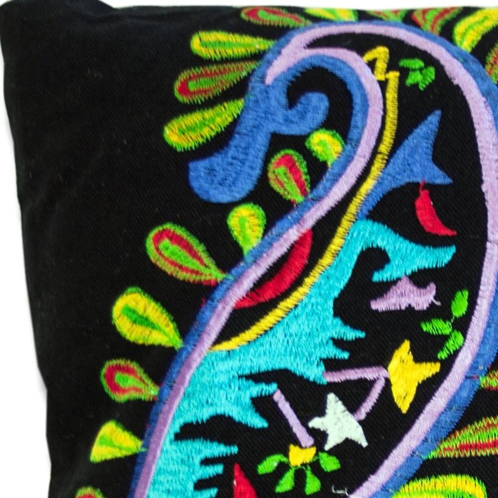 Set of Two 18" Black And Blue Peacock Cotton Throw Pillows with Embroidery