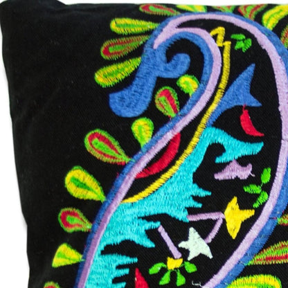 Set of Two 18" Black And Blue Peacock Cotton Throw Pillows with Embroidery