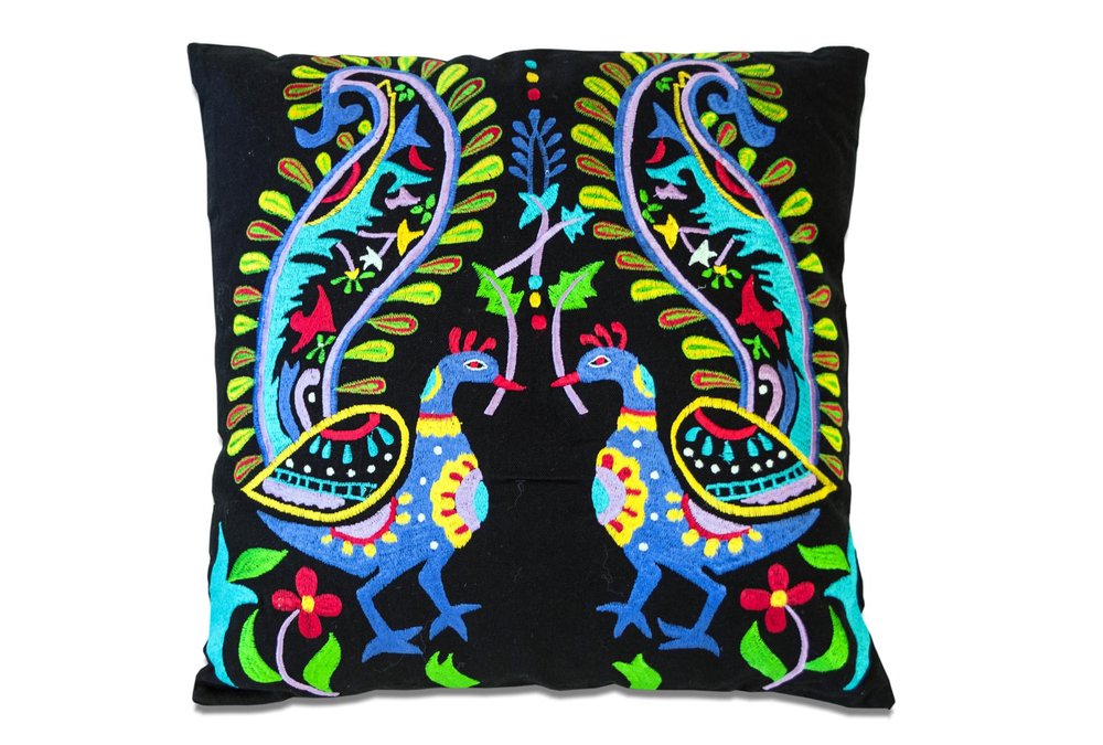 Set of Two 18" Black And Blue Peacock Cotton Throw Pillows with Embroidery — view 4