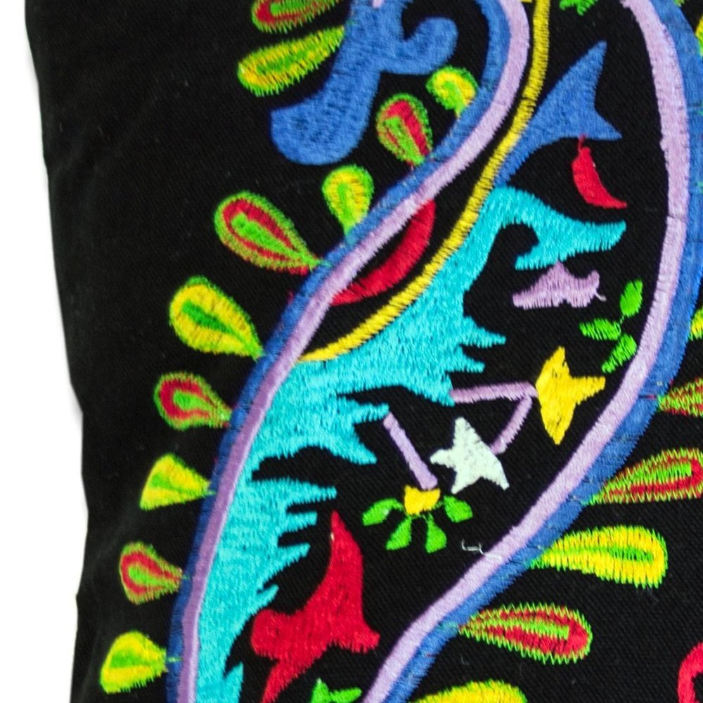Set of Two 18" Black And Blue Peacock Cotton Throw Pillows with Embroidery