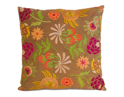 Set of Two 20" Brown Green And Pink Floral Cotton Throw Pillows with Embroidery