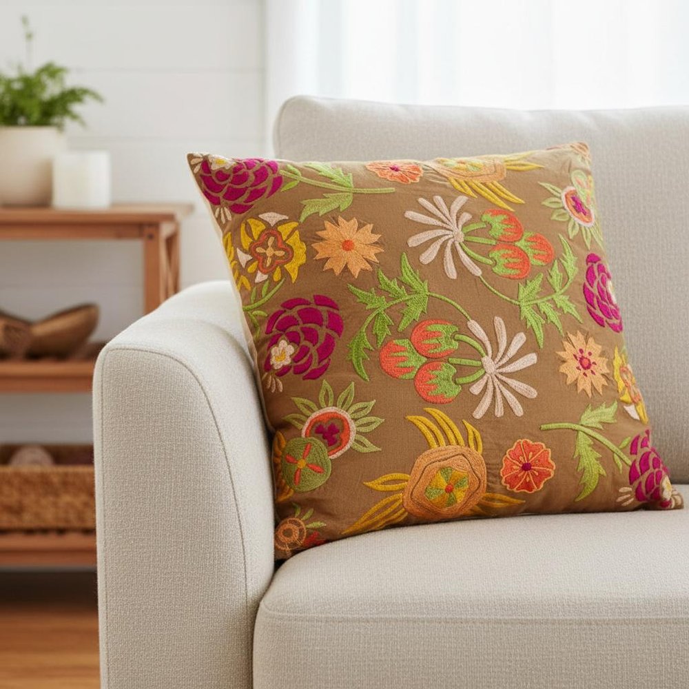 Set of Two 20" Brown Green And Pink Floral Cotton Throw Pillows with Embroidery — view 3