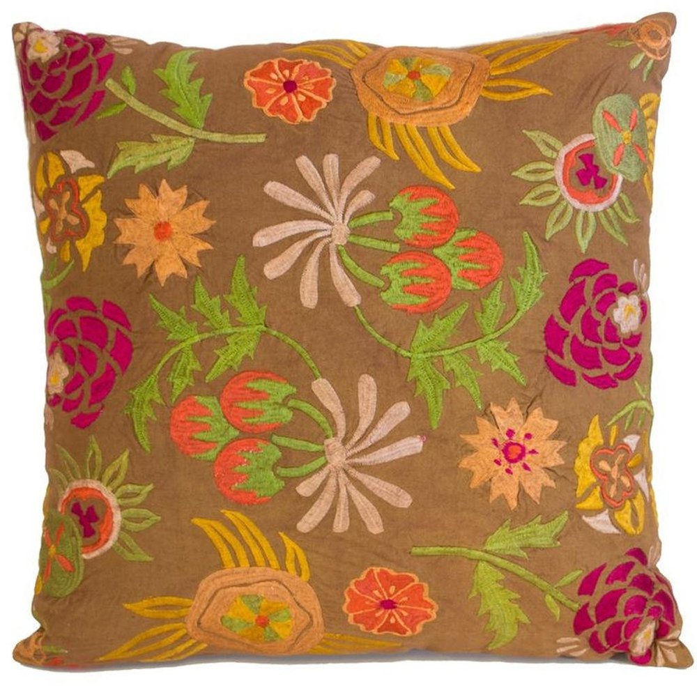 Set of Two 20" Brown Green And Pink Floral Cotton Throw Pillows with Embroidery — view 2