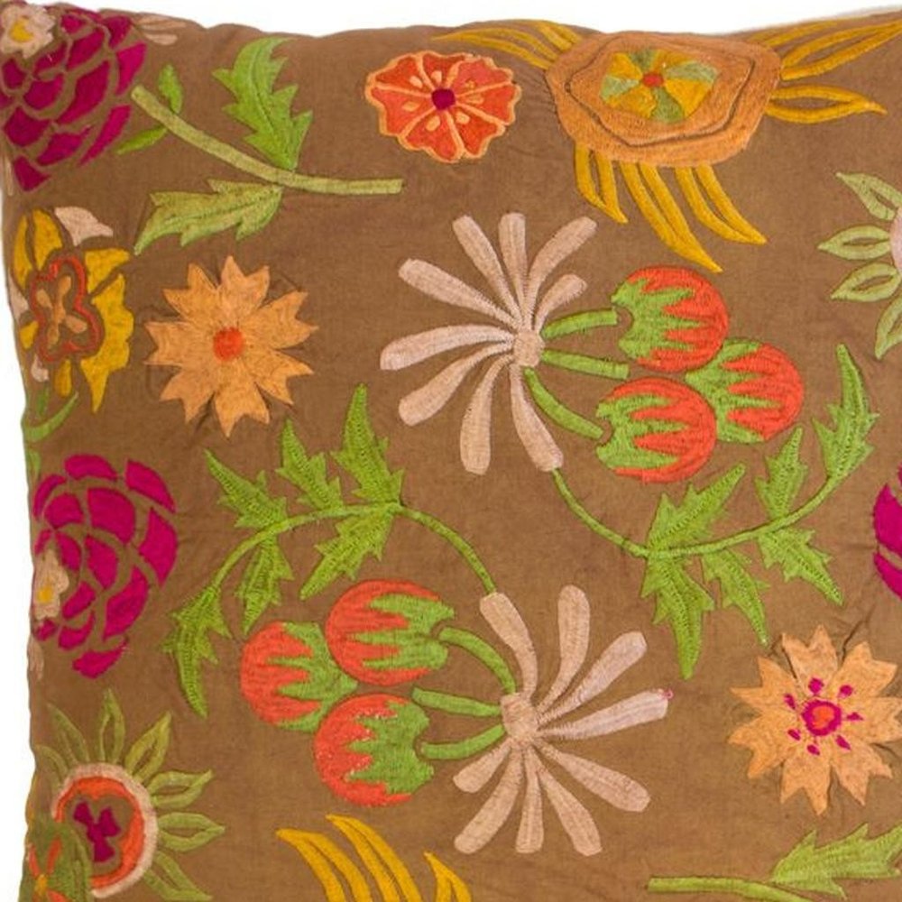 Set of Two 20" Brown Green And Pink Floral Cotton Throw Pillows with Embroidery — view 4