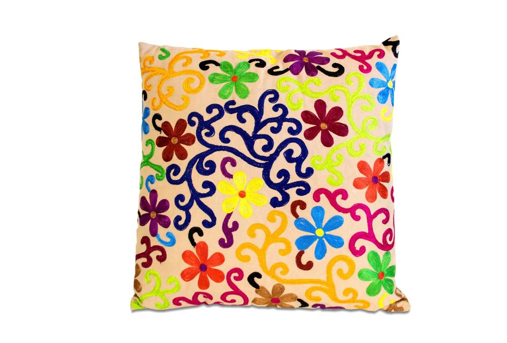 Set of Two 20" Natural Blue And Yellow Floral Cotton Throw Pillows with Embroidery — view 1