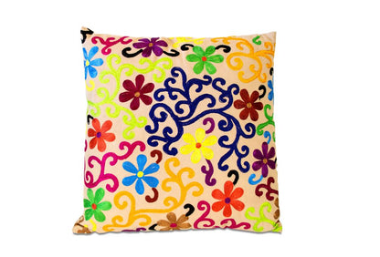 Set of Two 20" Natural Blue And Yellow Floral Cotton Throw Pillows with Embroidery