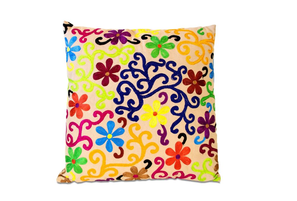 Set of Two 20" Natural Blue And Yellow Floral Cotton Throw Pillows with Embroidery — view 3
