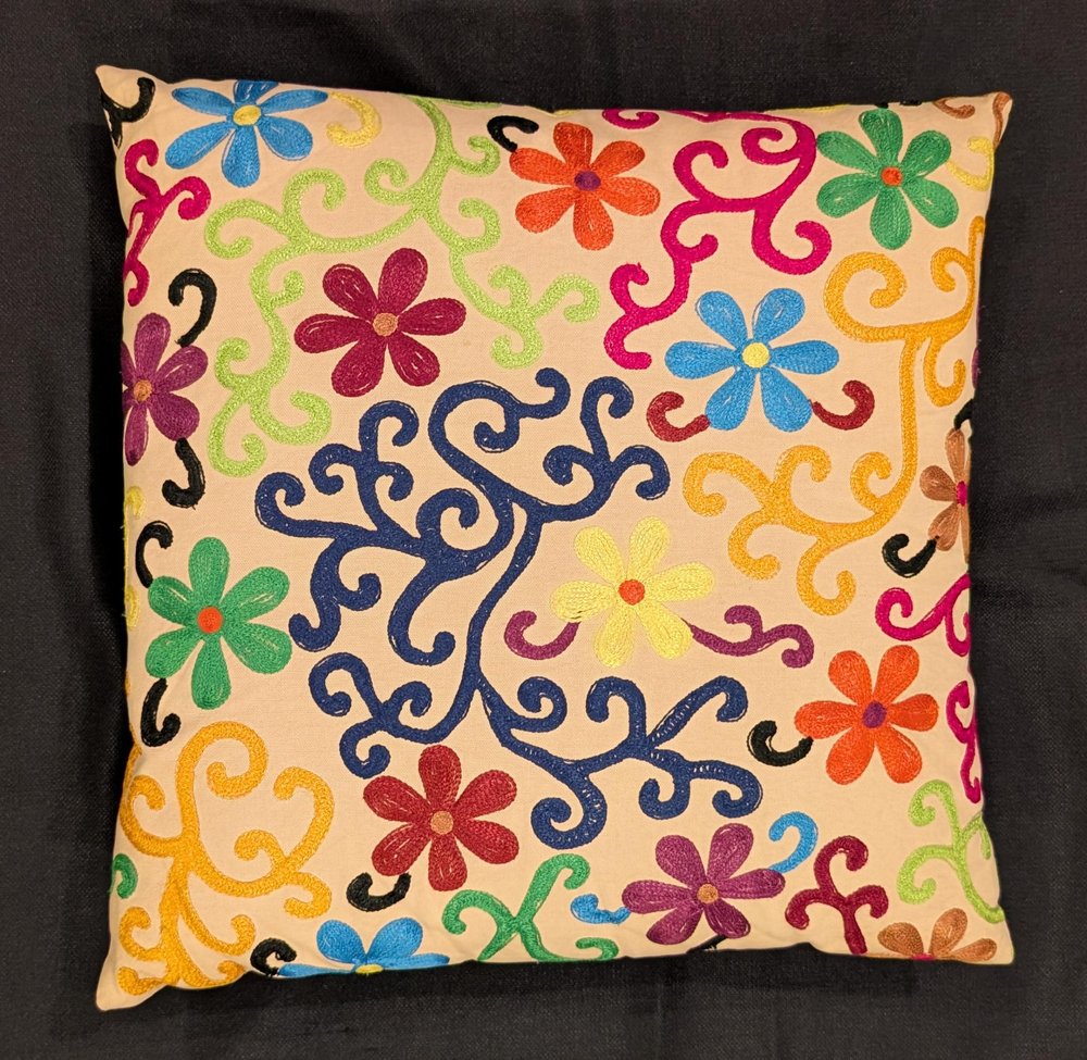 Set of Two 20" Natural Blue And Yellow Floral Cotton Throw Pillows with Embroidery — view 5