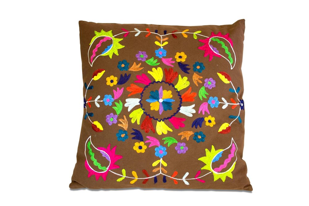 Set of Two 20" Brown And Pink Floral Cotton Throw Pillows with Embroidery — view 1