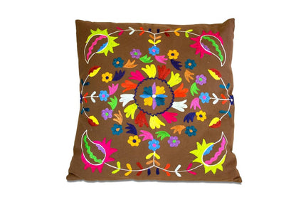 Set of Two 20" Brown And Pink Floral Cotton Throw Pillows with Embroidery