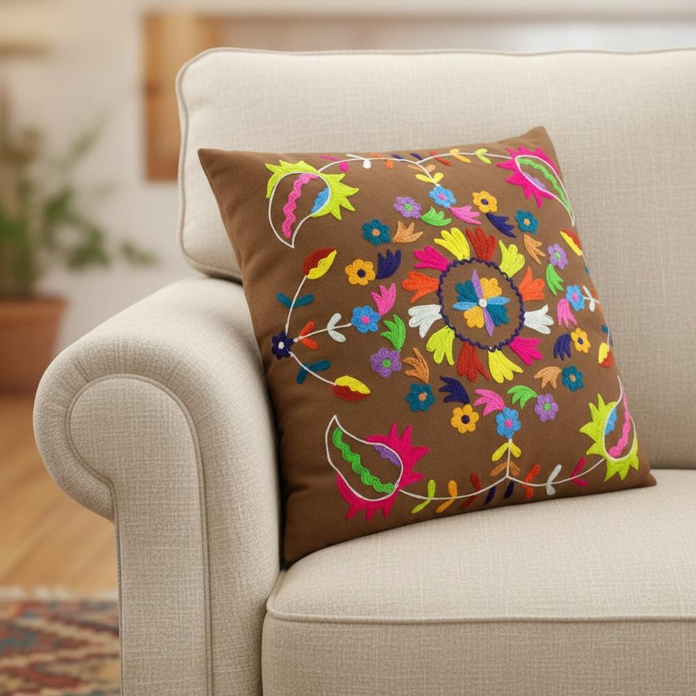 Set of Two 20" Brown And Pink Floral Cotton Throw Pillows with Embroidery — view 3
