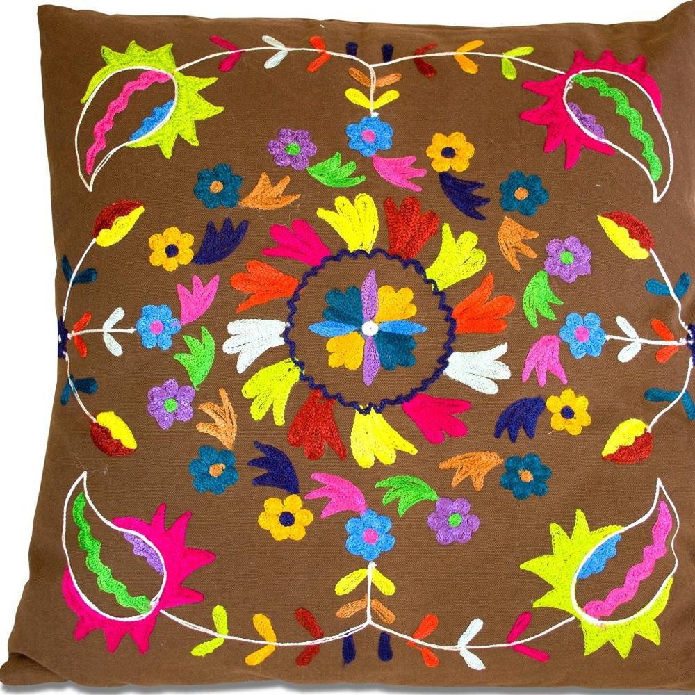Set of Two 20" Brown And Pink Floral Cotton Throw Pillows with Embroidery — view 2
