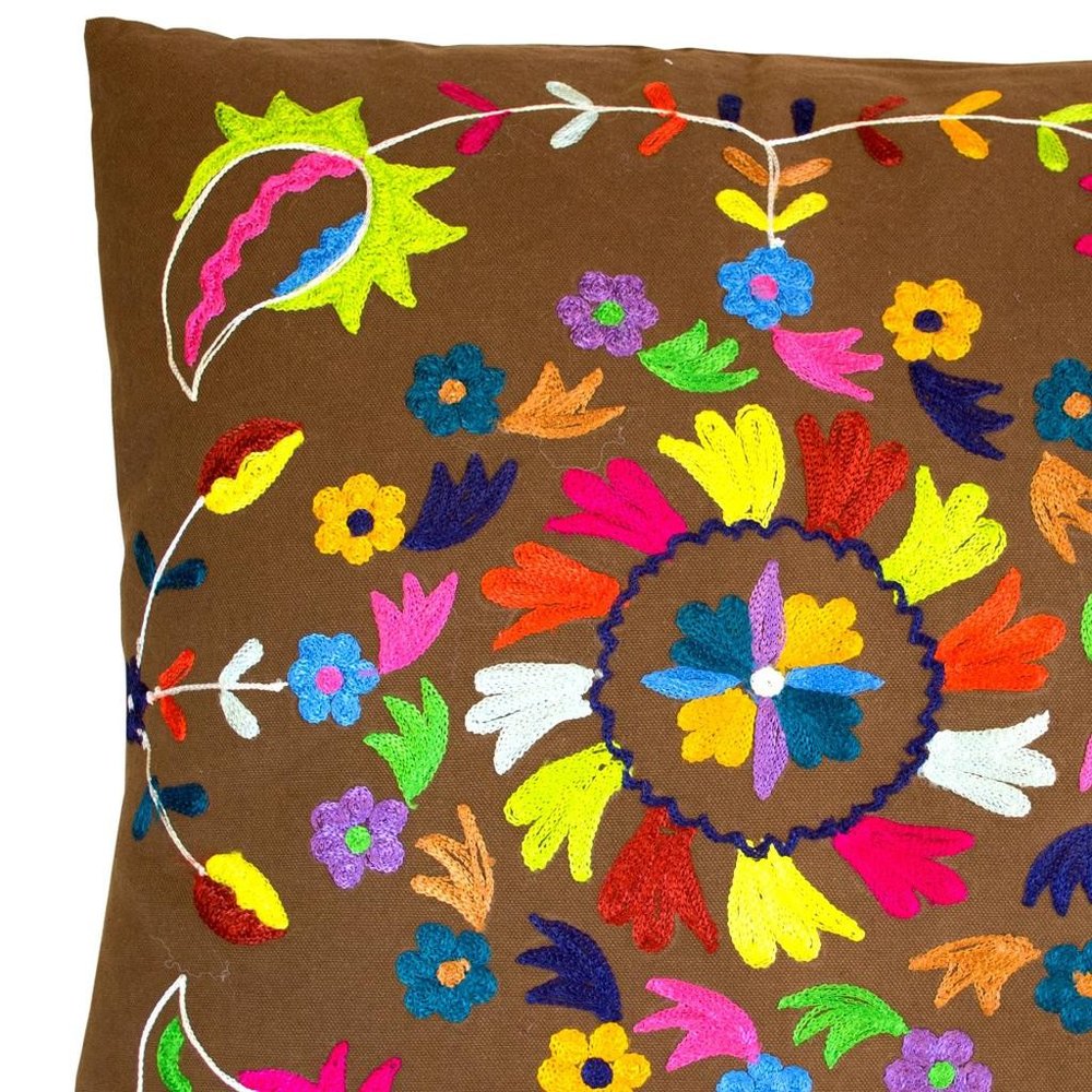 Set of Two 20" Brown And Pink Floral Cotton Throw Pillows with Embroidery