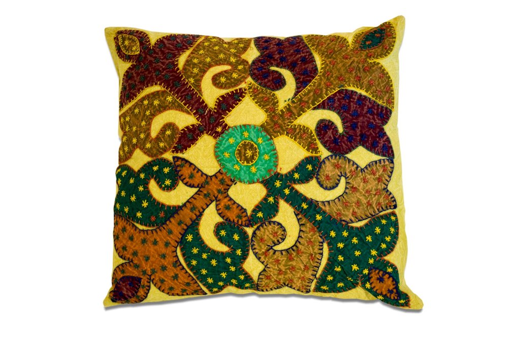 Set of Two 16" Brown And Green Patchwork Floral Cotton Throw Pillows with Applique And Embroidery
