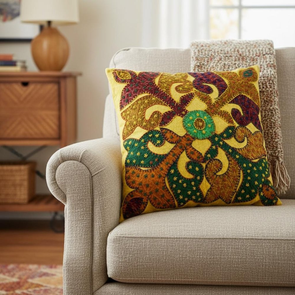 Set of Two 16" Brown And Green Patchwork Floral Cotton Throw Pillows with Applique And Embroidery — view 3