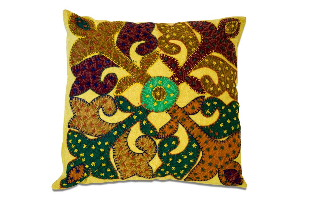 Set of Two 16" Brown And Green Patchwork Floral Cotton Throw Pillows with Applique And Embroidery