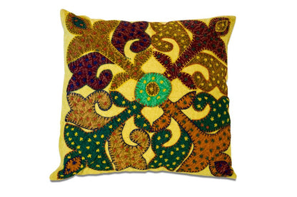 Set of Two 16" Brown And Green Patchwork Floral Cotton Throw Pillows with Applique And Embroidery