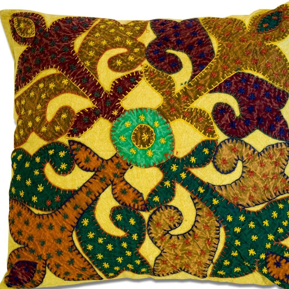 Set of Two 16" Brown And Green Patchwork Floral Cotton Throw Pillows with Applique And Embroidery — view 4