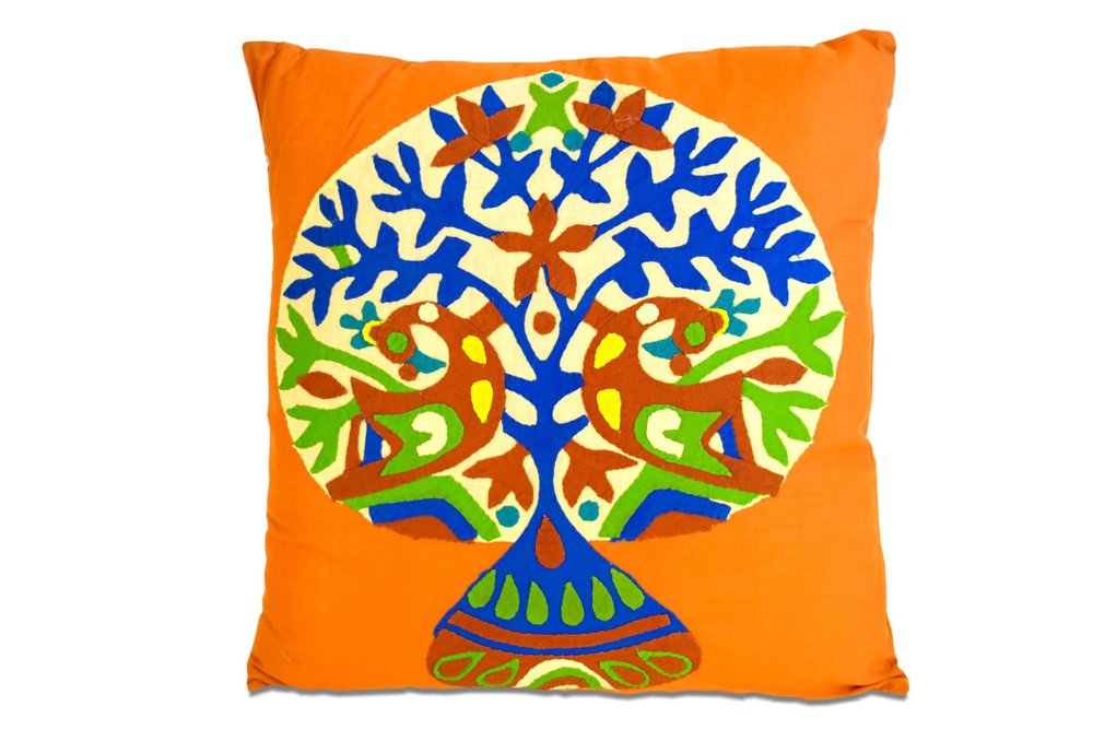 Set of Two 16" Orange And Blue Patchwork Tree Cotton Throw Pillows with Applique And Embroidery — view 1