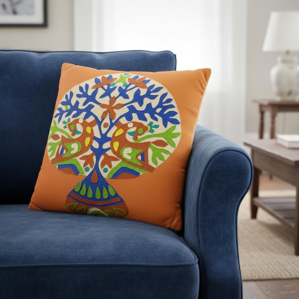 Set of Two 16" Orange And Blue Patchwork Tree Cotton Throw Pillows with Applique And Embroidery — view 3