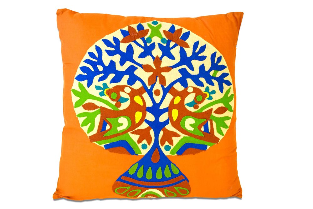 Set of Two 16" Orange And Blue Patchwork Tree Cotton Throw Pillows with Applique And Embroidery — view 4
