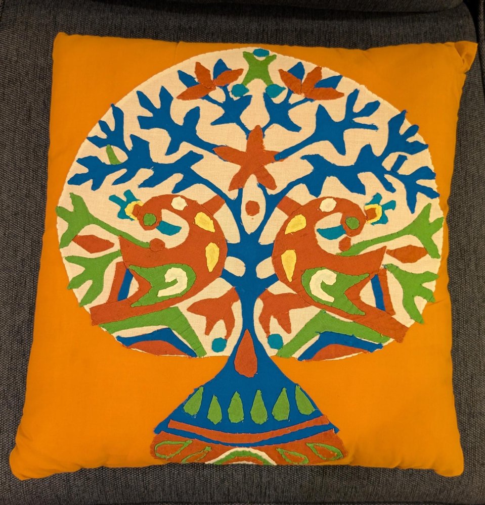 Set of Two 16" Orange And Blue Patchwork Tree Cotton Throw Pillows with Applique And Embroidery — view 5