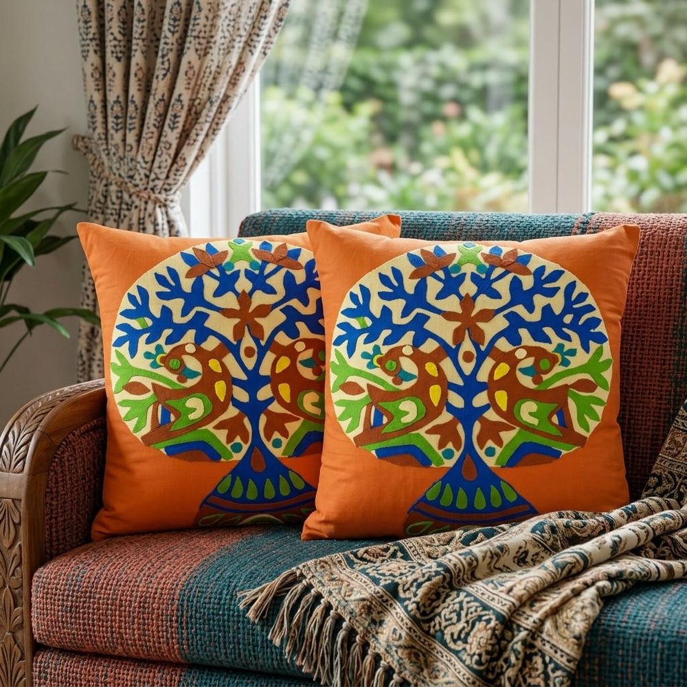 Set of Two 16" Orange And Blue Patchwork Tree Cotton Throw Pillows with Applique And Embroidery — view 7