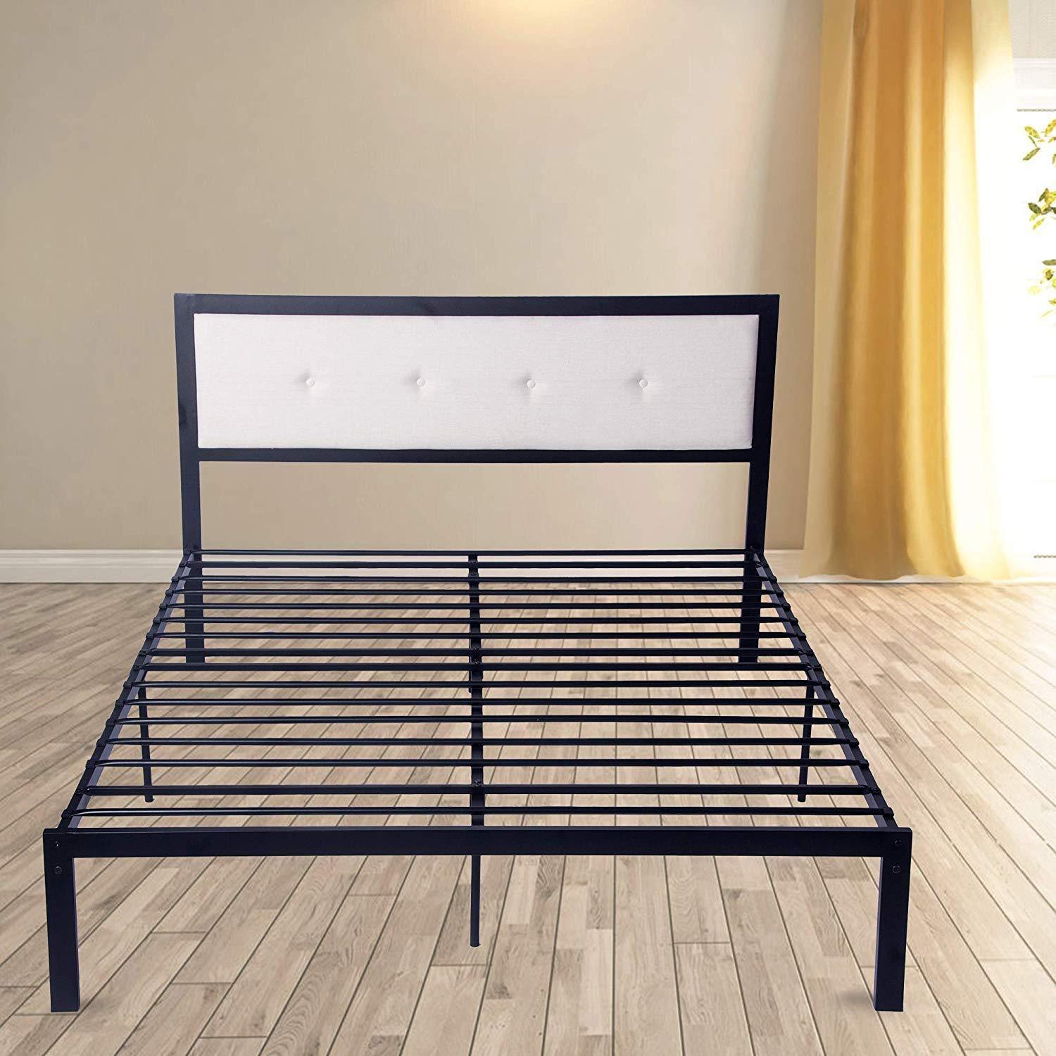 54" Modern Full Size Platform Bed with Black Metal Frame, Beige Headboard - FurniFindUSA