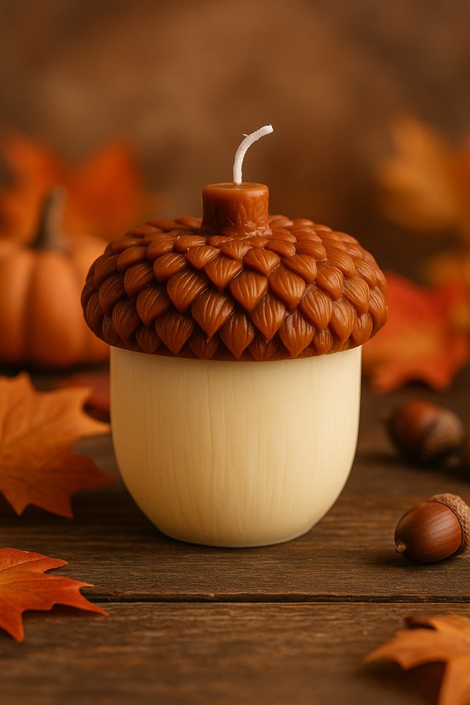 4" Brown And Ivory Pumpkin And Apple Scented Dimensional Acorn Candle — view 1