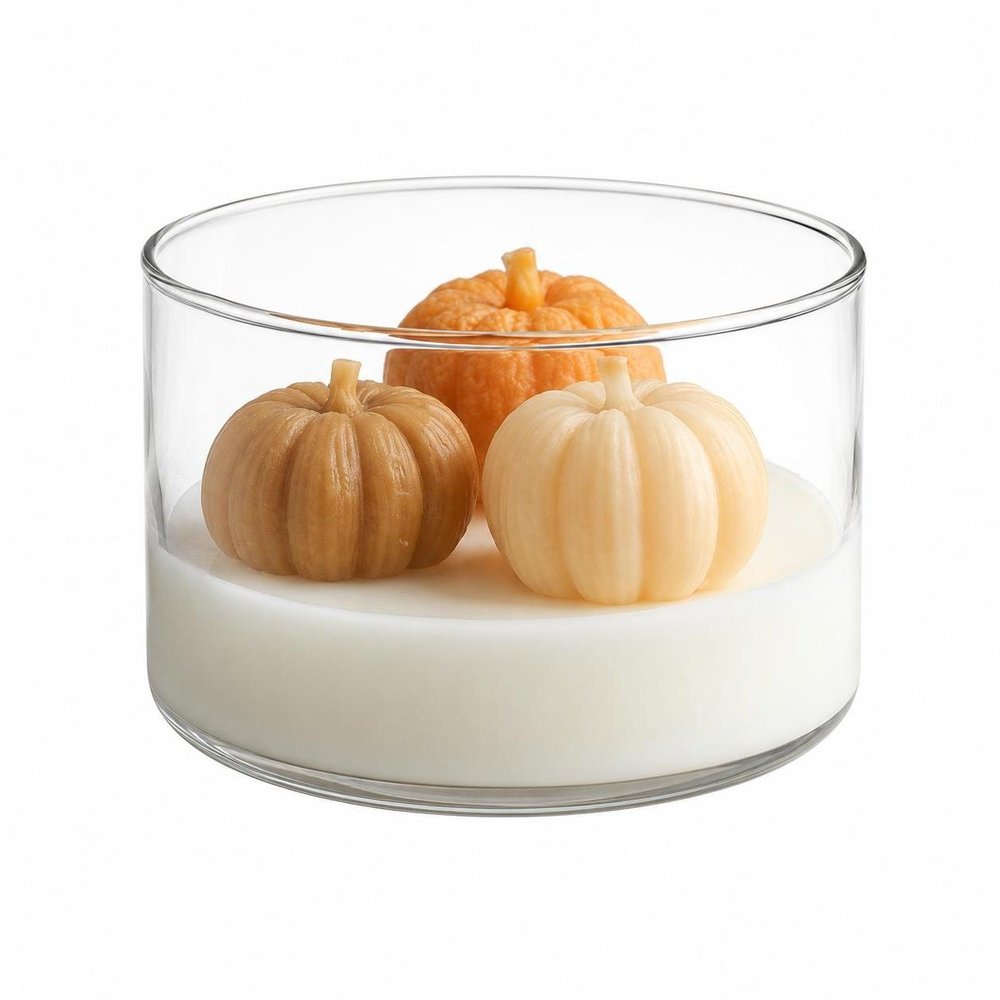 4" Brown Orange And White Latte And Pumpkin Scented Mini Pumpkin Candles In Clear Glass Jar — view 8