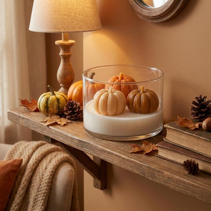 4" Brown Orange And White Unscented Mini Pumpkin Candles In Clear Glass Jar HomeRoots