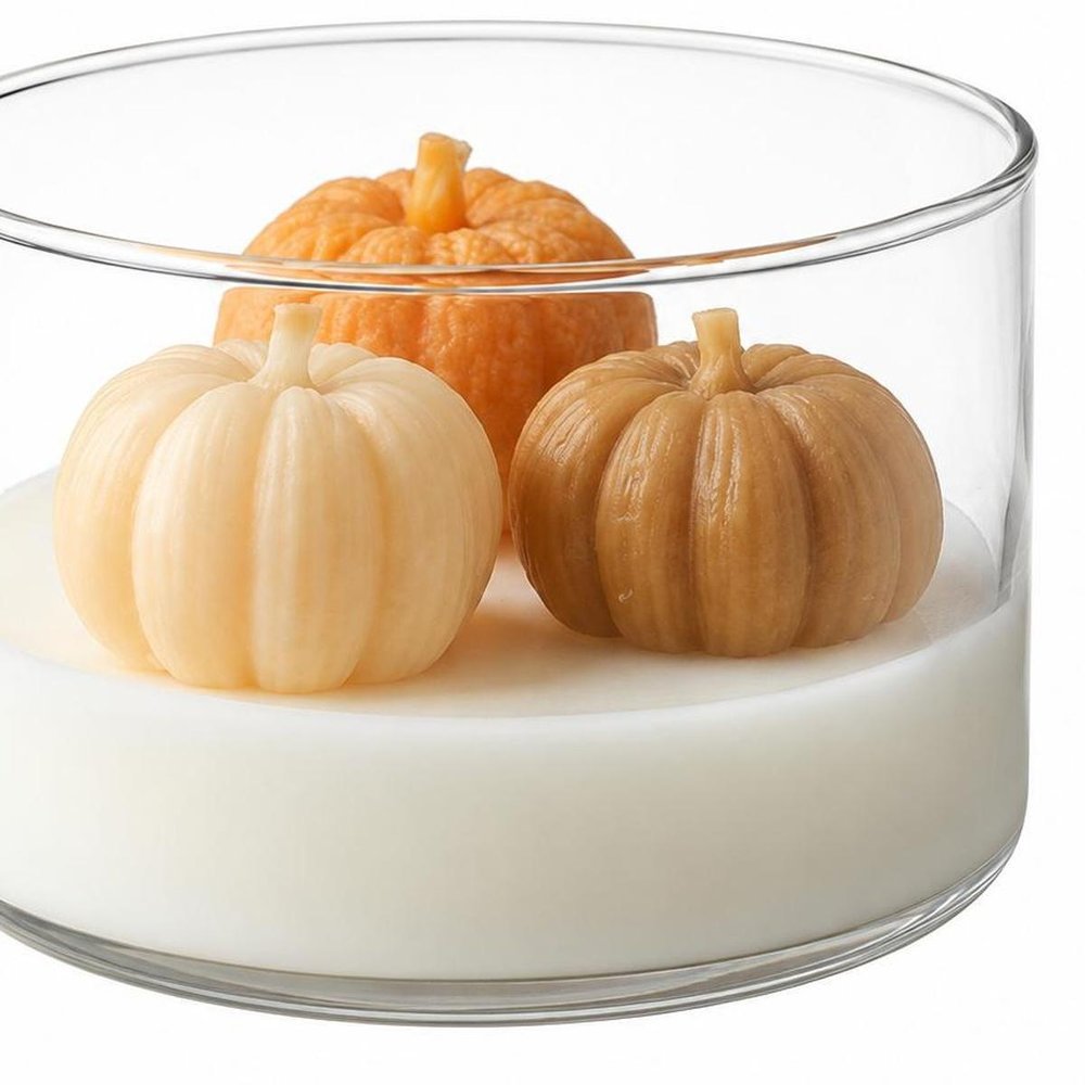 4" Brown Orange And White Unscented Mini Pumpkin Candles In Clear Glass Jar HomeRoots