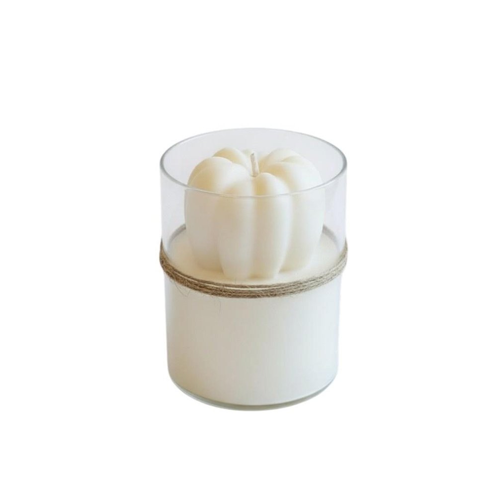 3" Ivory Pumpkin And Latte Scented Mini Pumpkin Candle In Clear Glass Jar — view 3
