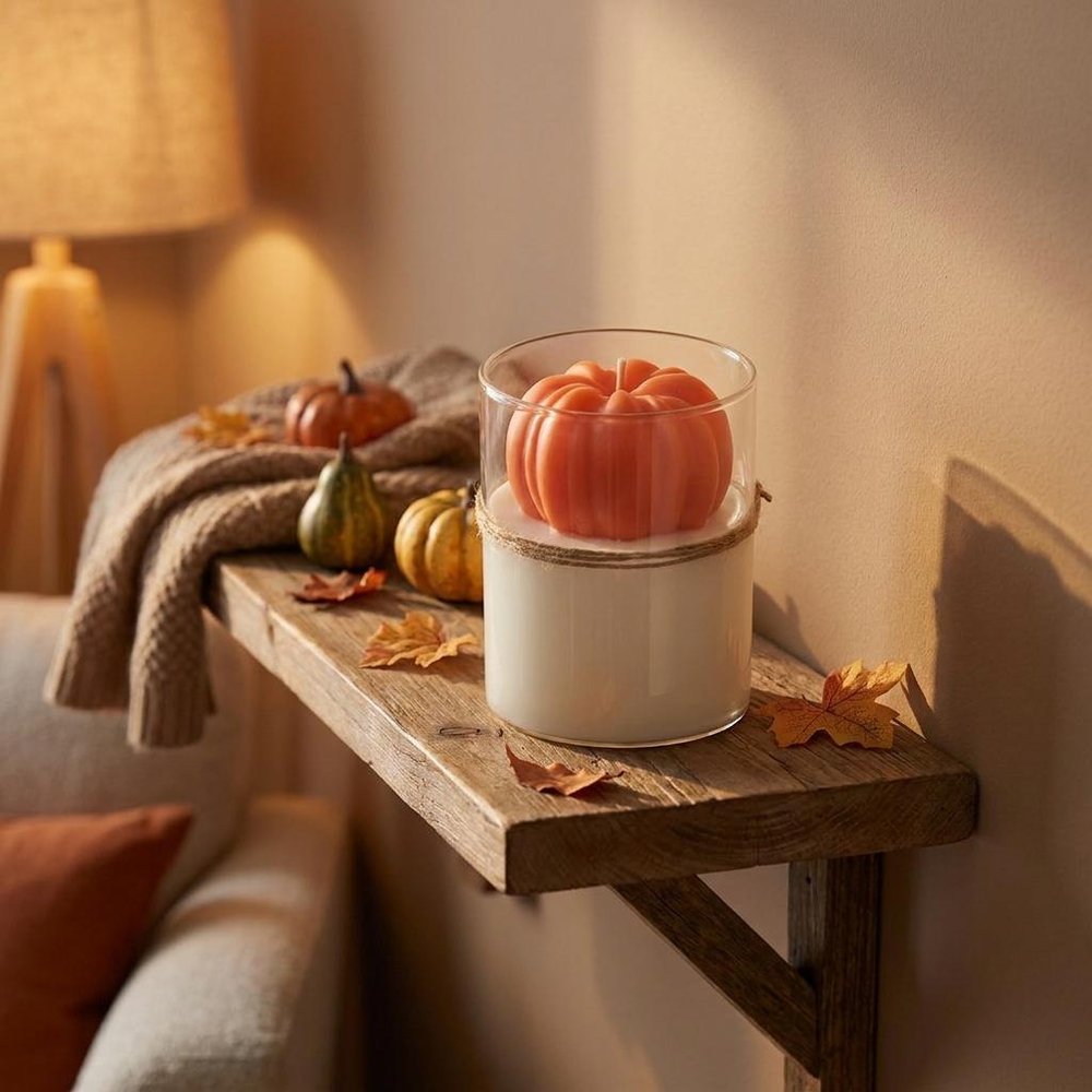 3" Pink Autumn Harvest Scented Mini Pumpkin Candle In Clear Glass Jar — view 1