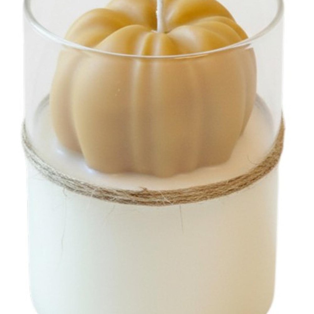 3" Tan Autumn Harvest Scented Mini Pumpkin Candle In Clear Glass Jar — view 4