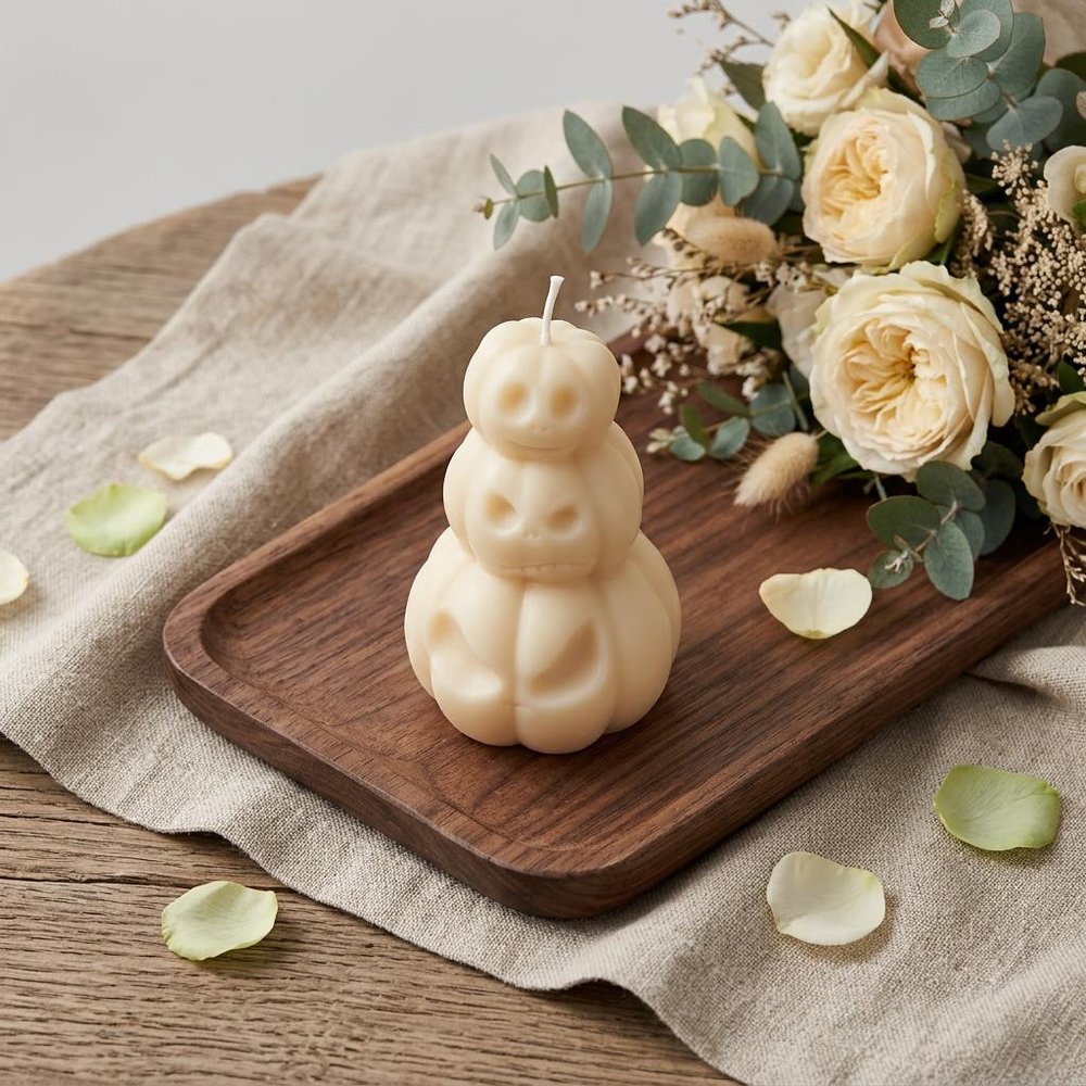 3" Ivory Pumpkin And Apple Scented Dimensional Pumpkin Trio Soy Wax Candle — view 1