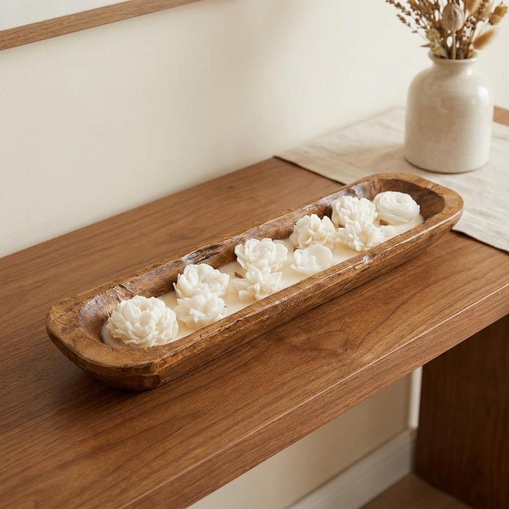 20" Ivory High Tide Scented Six Wick Candle In Brown Distressed Wood Oval Dough Bowl
