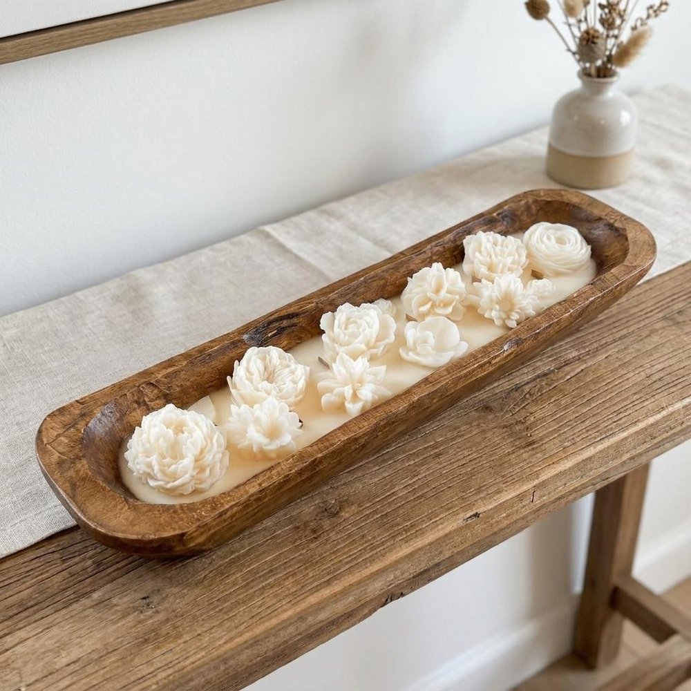 20" Ivory High Tide Scented Six Wick Candle In Brown Distressed Wood Oval Dough Bowl