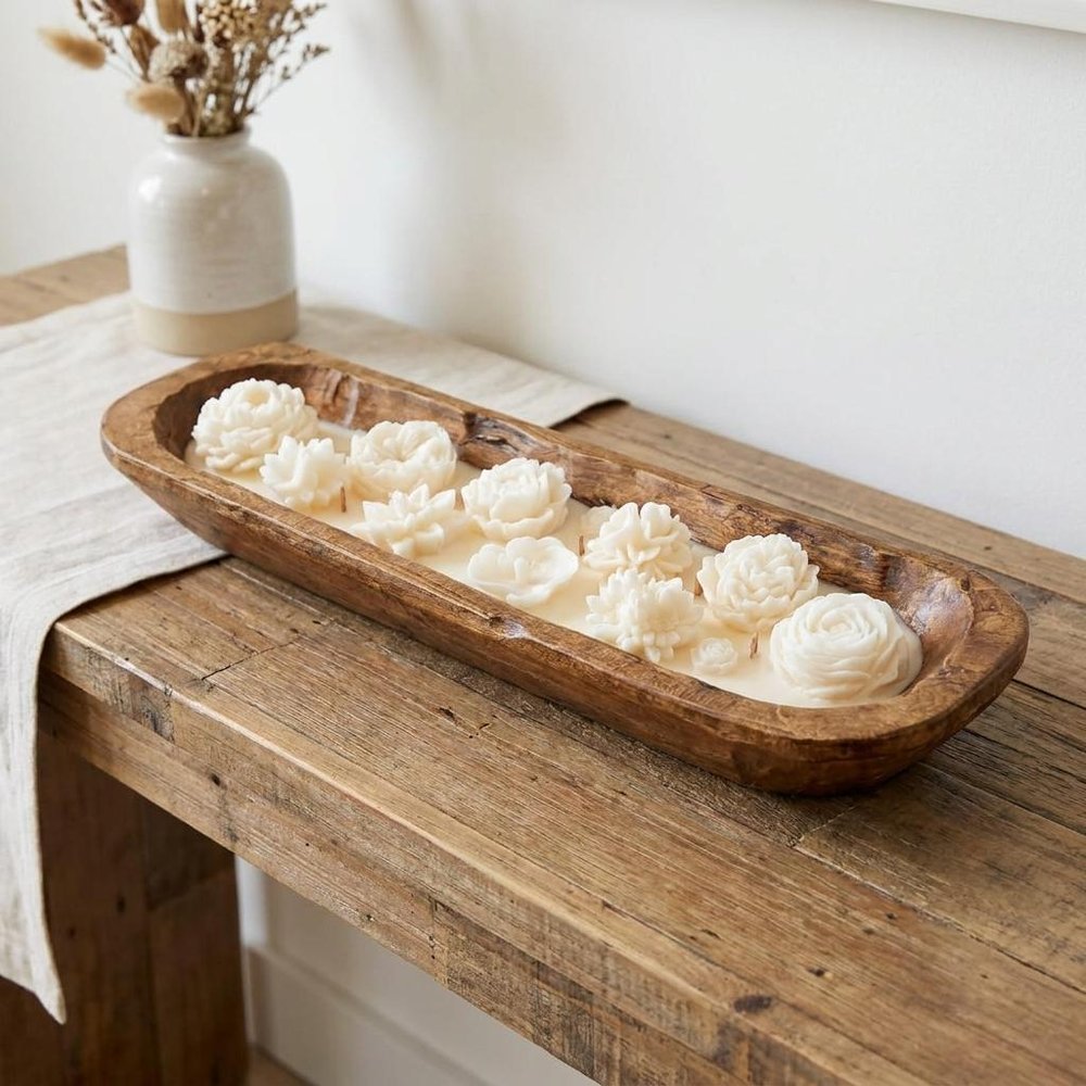 20" Ivory High Tide Scented Six Wick Candle In Brown Distressed Wood Oval Dough Bowl