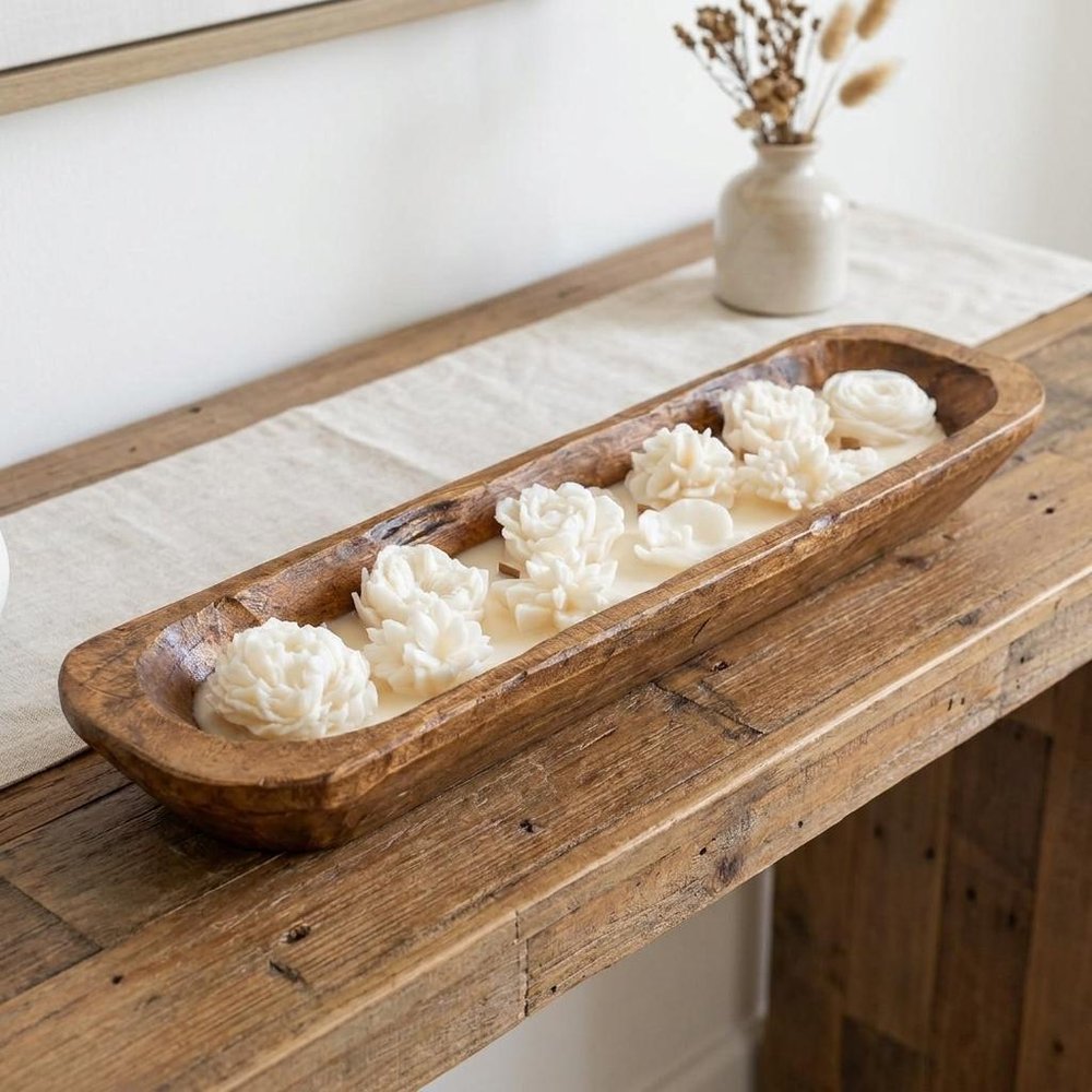 20" Ivory High Tide Scented Six Wick Candle In Brown Distressed Wood Oval Dough Bowl