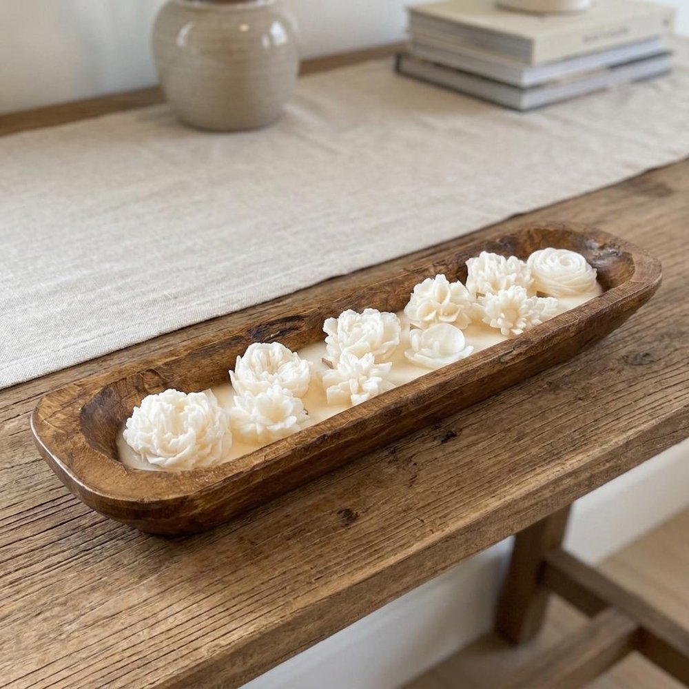 20" Ivory High Tide Scented Six Wick Candle In Brown Distressed Wood Oval Dough Bowl — view 4