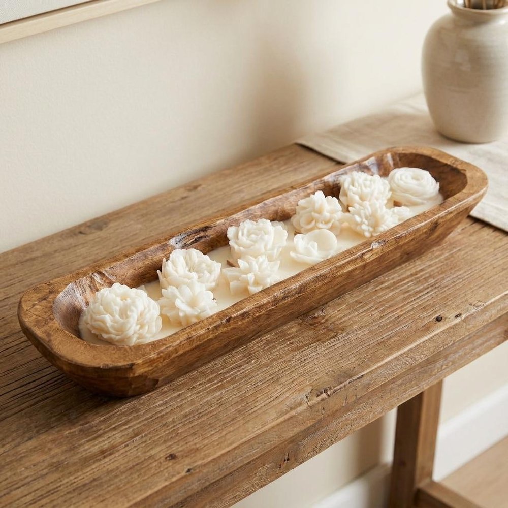 20" Ivory High Tide Scented Six Wick Candle In Brown Distressed Wood Oval Dough Bowl