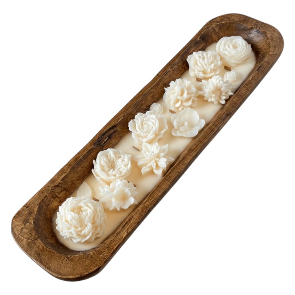 20" Ivory High Tide Scented Six Wick Candle In Brown Distressed Wood Oval Dough Bowl — view 108