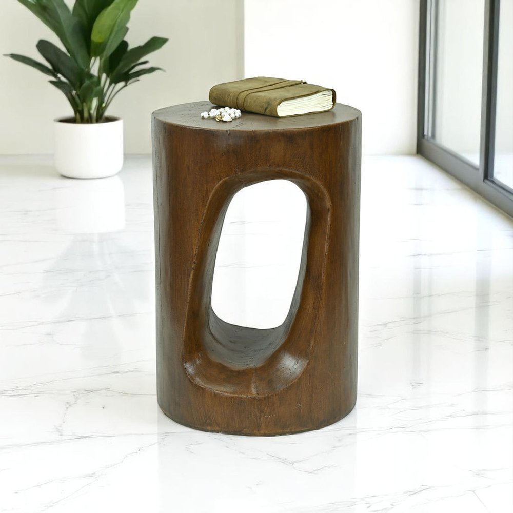 20" Brown Faux Stone Round Tree Stump End Table