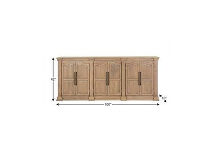 100" Brown Solid Wood Paneled Sideboard With Six Doors