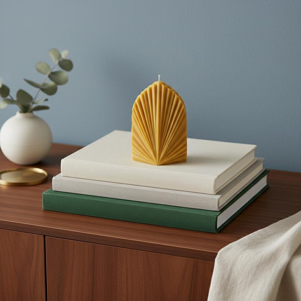 6" Gold Mahogany And Teakwood Scented Dimensional Palm Leaf Candle